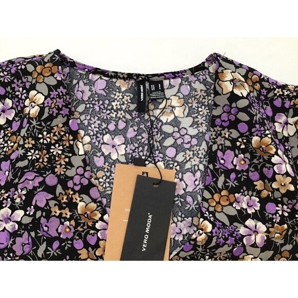 VERA MODE Womens Size Small Floral Black Purple Long Sleeve Mini Dress - Picture 2 of 6